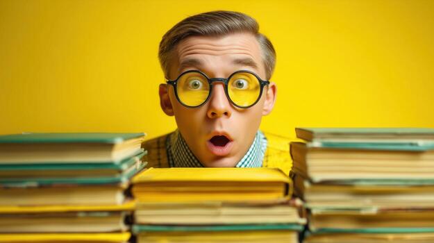 Surprised man with books and yellow background photo