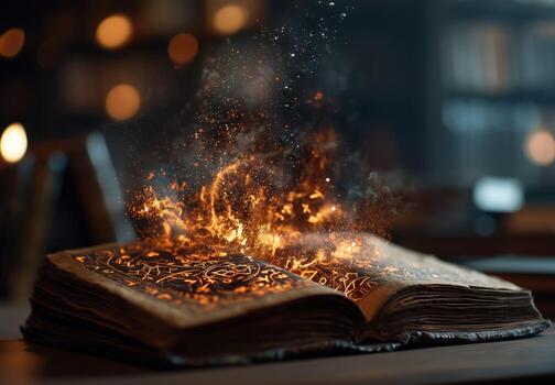 Enchanting book burning with glowing flames. photo