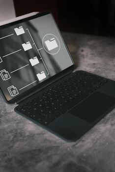 Data transfer on digital tablet. Transfer file of data between folders displaying on screen. Backup data, exchange files and DMS, Document Management System. Virtual document loading to another folder photo