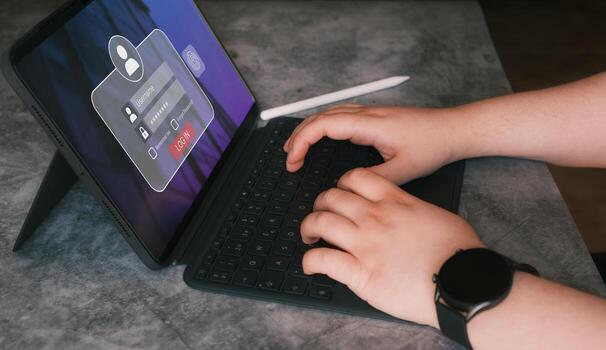 Woman use digital tablet for login on account. Username and password cyber security concept. Protected information and encryption. Secure access to users personal information. photo