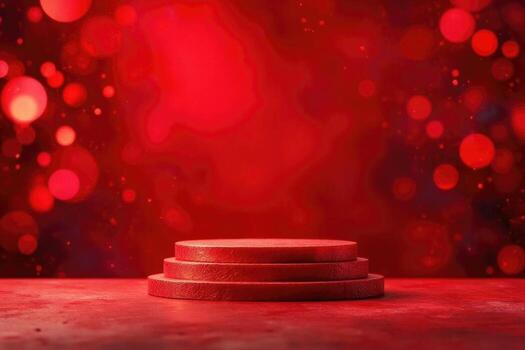 Red Podium With Circular Steps Creates a Dramatic Display Backdrop for Presentation in Studio Setting With Soft Bokeh Lights photo