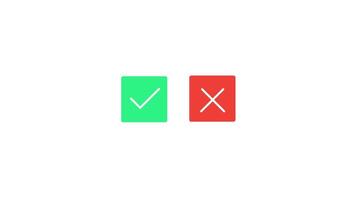 Animated green check marks and red cross marks accompanied by checklist icons and approval badges, presented in a flat modern style on white background video