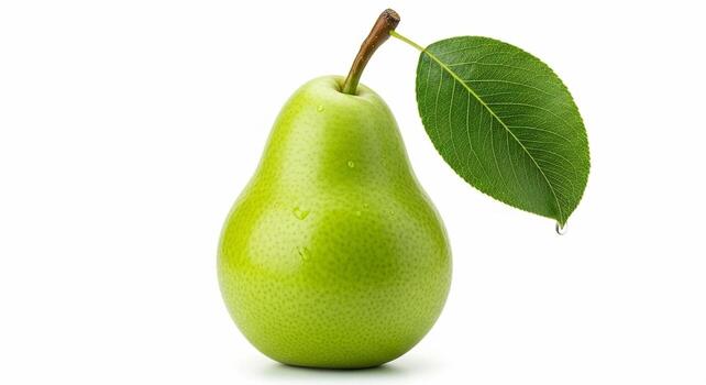 Fresh Green Pear with Leaf and Water Droplets on White Background. photo