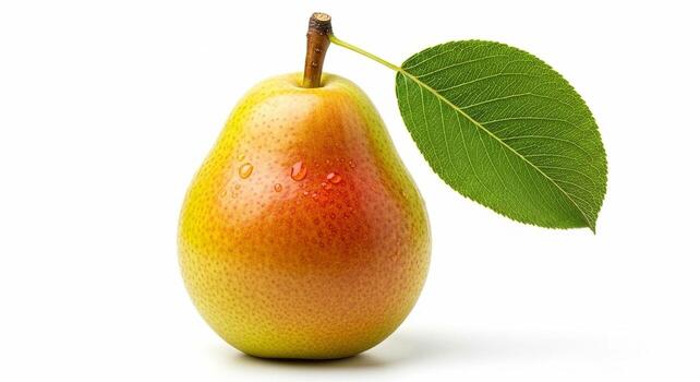 Ripe Pear with Water Droplets and Green Leaf on White Background. photo