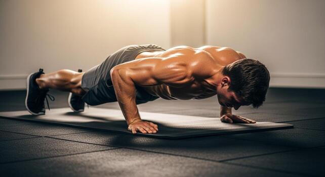 Sweaty, muscular man performing push-ups on a mat, showcasing strength and fitness in a gym. photo