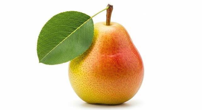 Ripe Pear with Leaf on White Background Isolated Fruit. photo