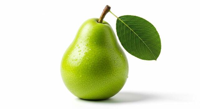 Fresh ripe green pear with a single leaf and water droplets isolated on a white background. photo