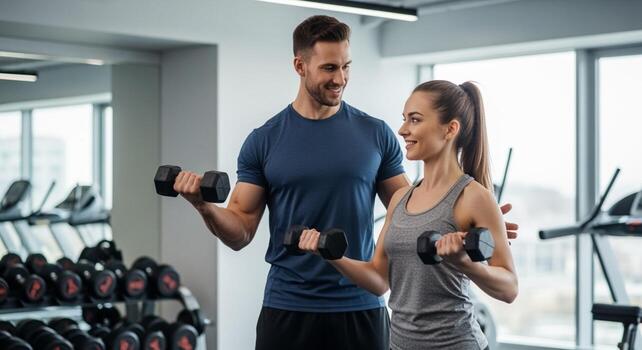 Smiling man and woman doing dumbbell curls in a modern gym, focusing on fitness and strength training. photo