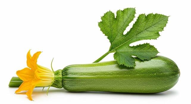 Fresh Green Zucchini with Blossom and Leaf. photo