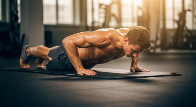 Sweaty Muscular Man Doing Push-Ups on Black Mat in Gym with Sunlight. photo