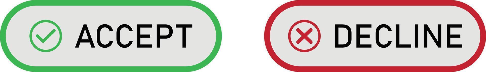 aceptar y disminución botón íconos . verde y rojo ui elementos con marca de verificación y X símbolos vector