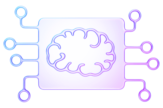 3d patata fritta bicchiere icona con cervello schema e circuito linee, viola blu pendenza, simboleggiante artificiale intelligenza, macchina apprendimento, e innovazione png