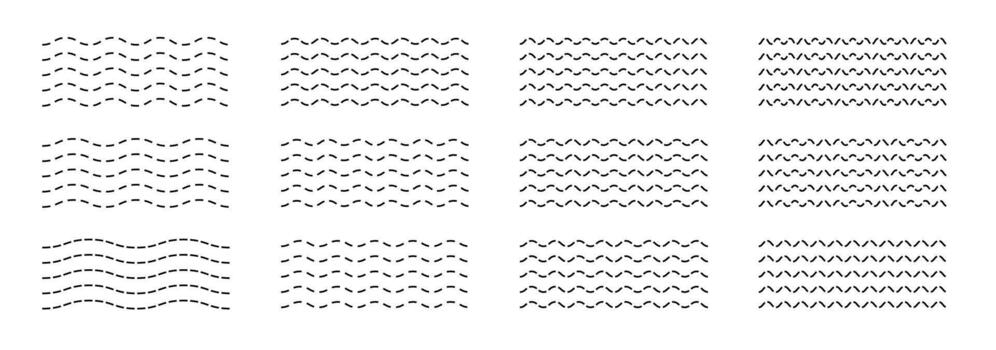 Abstract waveforms with jagged, bent and undulating strokes. Wavy ripple icons and equalizer style lines create energetic motion. Great for audio, water or distortion themes. vector