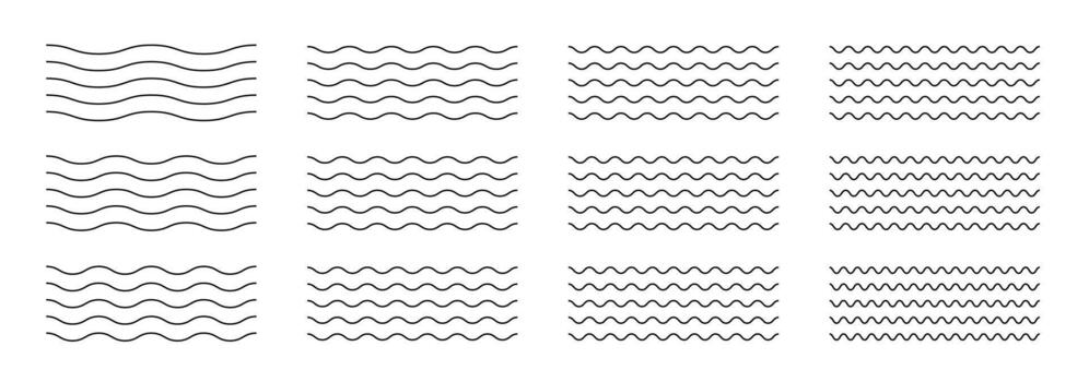 Wavy squiggle and zigzag line set with abstract ripple patterns. Fluid curves, jagged strokes and sine elements create seamless waves for stylish dividers or edgy backgrounds. vector