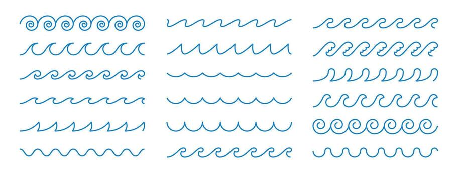 Stylized wave and water line icon set with ocean curves, flowing ripples and splash patterns. Minimal marine shapes create seamless summer design. Perfect for backgrounds or nautical art. vector