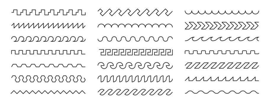 ondulado zigzag línea conjunto con serpenteante trazos, seno curvas y serrado patrones. resumen formas de onda y nervioso ondas añadir movimiento. Perfecto para divisores, fronteras o sin costura diseños vector