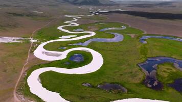 dar beweegt naar creëren een panoramisch visie van bovenstaand van een kronkelend rivier- tussen weilanden Aan een zonnig dag, een vogel oog visie video