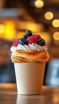 Multi layered pastry crunchy with blueberry and raspberry fruit toping with brown paper cup blurred background, story vertical background photo
