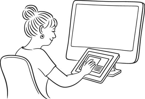 mujer trabajando en un computadora y tableta dispositivo vector
