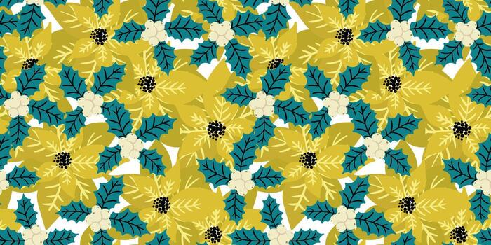 festive repeat pattern with abstract poinsettia and holly branches for wrapping paper textile prints and home decor vector
