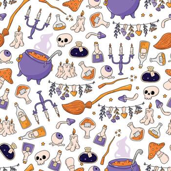 Víspera de Todos los Santos brujería garabatos sin costura modelo en blanco antecedentes para digital documentos, textil huellas dactilares, envase papel, papelería, guardería, etc. eps 10 vector