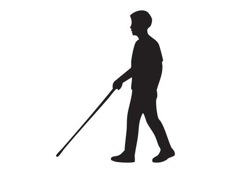 Black silhouette of person using walking cane, concept of disability, accessibility icon, inclusive design, isolated on white background vector