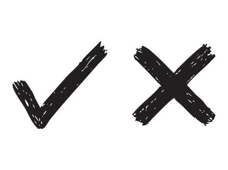 negro mano dibujado cheque marca y cruzar marca íconos aislado en blanco antecedentes. concepto de usuario interfaz elementos, correcto y incorrecto símbolos, grunge diseño estilo, aprobación y rechazo señales vector