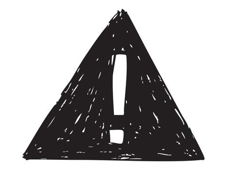 Black hand drawn warning sign icon with exclamation mark isolated on white background. Concept of alert, caution, attention, hazard, user interface element, grunge design style vector