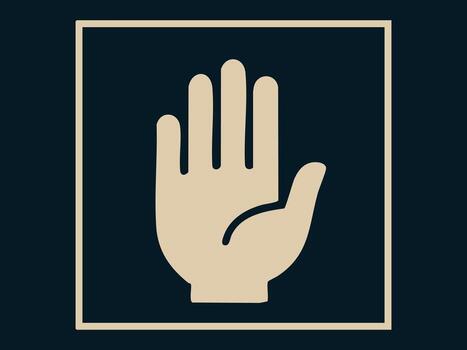 Minimalist icon of open hand framed in square on dark background. concept of gesture, stop, palm, sign language, communication, simple design, logo, geometric art. vector