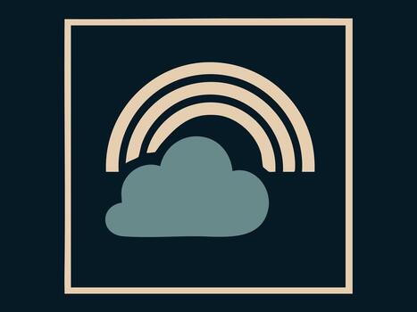 Cloud and rainbow icon on dark background with square frame. concept of weather symbol, nature, minimalist design, logo element, graphic art, simple illustration. vector