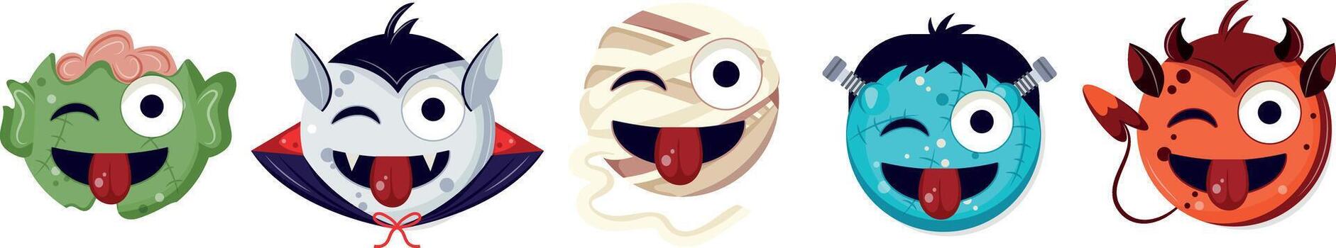 set of emoticons with Halloween characters, namely a mummy, a devil, a Frankenstein, a zombie and a vampire who are fooling around with their tongues out, for social networks and various holiday desig vector