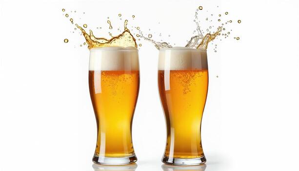 Two glasses of beer are set against a white background, with the liquid splashing upwards, creating a dynamic visual effect. photo