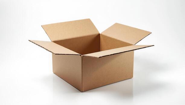 The image depicts an open, empty cardboard box with its flaps spread out, ready for use. photo