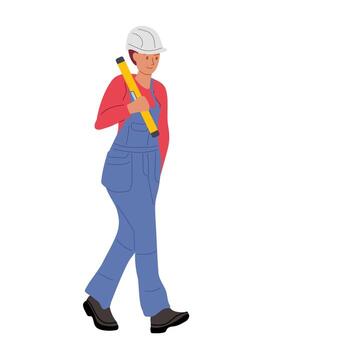 Worker in blue overalls carrying a pencil while walking in a construction setting vector