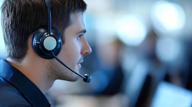 A man wearing a headset in a call center photo