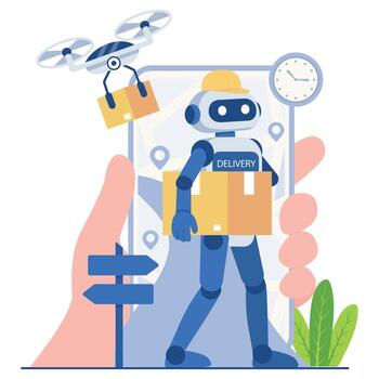 un entrega robot que lleva un paquete mientras un zumbido ayuda con aéreo entrega, representando futurista logística tecnología. vector