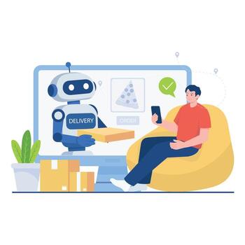 Robot delivering pizza to a person vector