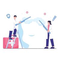 dos dentistas limpieza un gigante diente juntos para óptimo oral higiene. vector