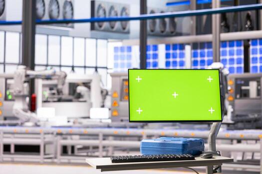 Desktop monitor with a green screen display placed in empty industrial workspace. Computer screen with isolated mockup template in a smart factory that represents green technology. photo
