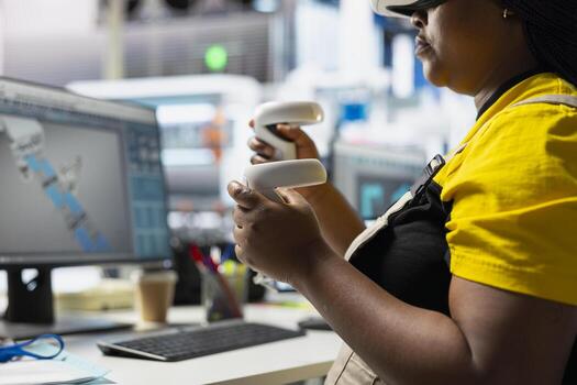 Black employee in solar panel facility uses virtual reality tech for troubleshooting and fixing technical errors within the photovoltaic systems. Female plant worker using VR headset for inspection. photo