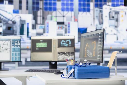 PC on desk in empty photovoltaics factory next to tool box monitoring system performance. Computer display in sustainable solar panels manufacturing plant tracking energy production and efficiency photo