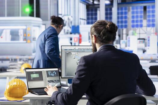 Photovoltaics factory worker at PC desk analyzing data, reviewing system health metrics with laptop. Solar panels plant office employee troubleshooting technical issues using notebook photo