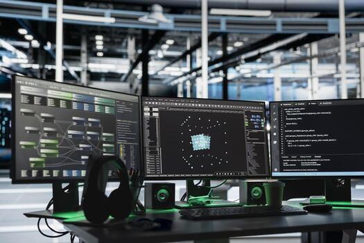 AI visualization tools and node tree software on computer monitors in data center used to identify infrastructure malfunctions. Visual programming tech on PCs in server farm used to detect failures photo