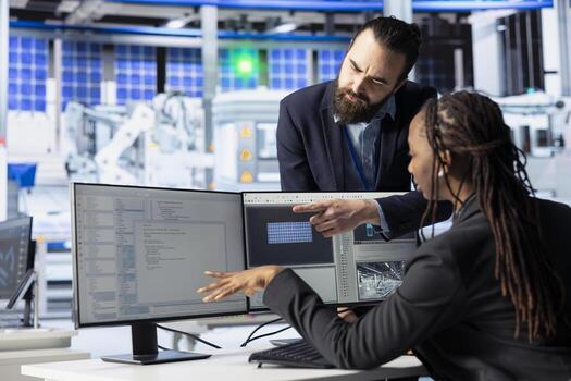 Photovoltaics factory manager coming to systems administrator desk to check progress on coding tasks. Solar panels plant team leader speaking with admin building environmentally safe solar cells photo