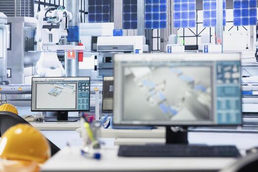 PC on desk in photovoltaics factory office used to finetuning system settings. Computer monitor on table in empty solar panels manufacturing plant used to work on assembly lines configuration photo