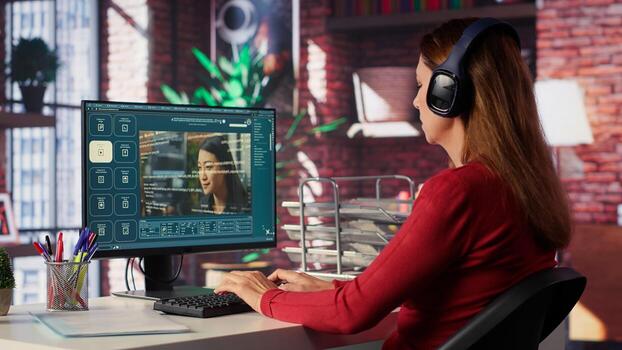 IT engineer at desk generating code algorithm with AI powered chat, programming on monitor and writing lines of code. Woman debugging software on a terminal window interface. Camera A. photo