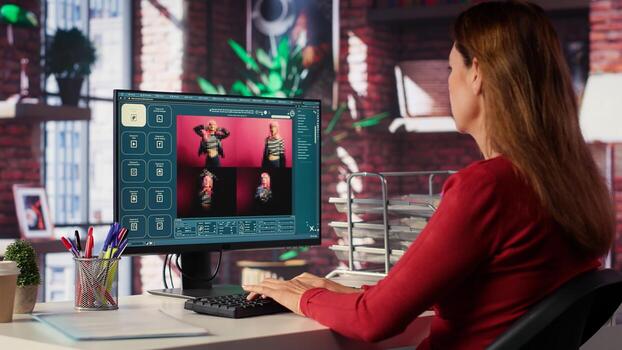 Photographer using AI program turning text prompt into photos, retouching technique. Graphic designer text to image artificial intelligence generator transforming words into pictures. Camera A. photo