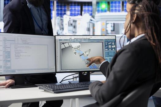 Programmer in photovoltaics factory office using PC to update software of robot arms placing solar panels on assembly lines, communicating changes to team leader, close up shot photo