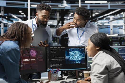 Technicians in AI server hub brainstorm ways to defend against hacker attack stealing sensitive data. Data center coworkers discussing how to protect gear against virus during security breach photo
