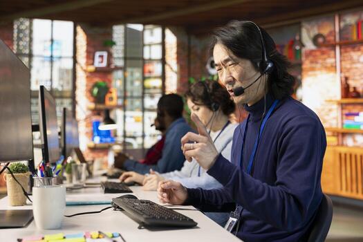 Angry call center agent in office fighting with rude customer complaining during call. Irked customer service representative berating unfriendly client having issues related to services photo